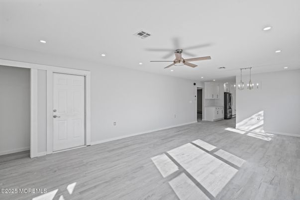 Empty room, Interior, Kitchen, Pendant Lights, Recessed Lighting, Wood Texture Flooring