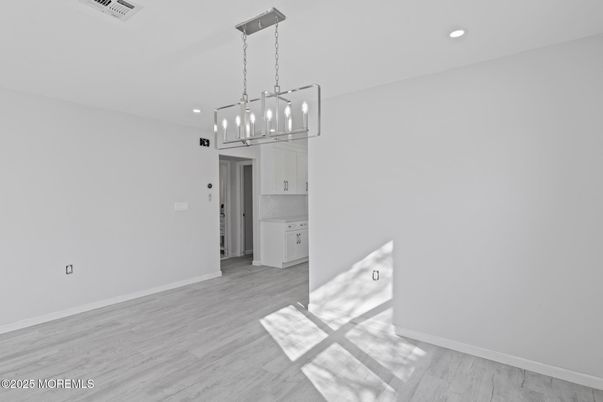 Empty room, Interior, Pendant Lights, Recessed Lighting, Wood Texture Flooring