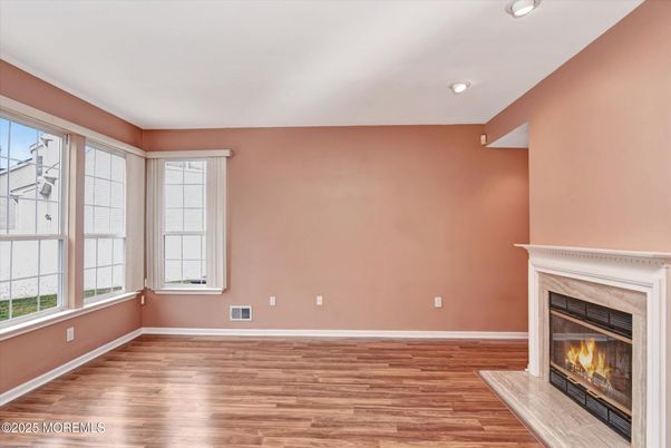 Empty room, Fireplace, Interior, Recessed Lighting, Wood Texture Flooring