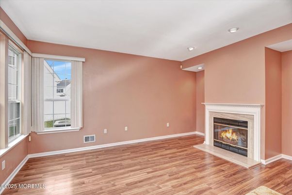 Empty room, Fireplace, Interior, Recessed Lighting, Wood Texture Flooring