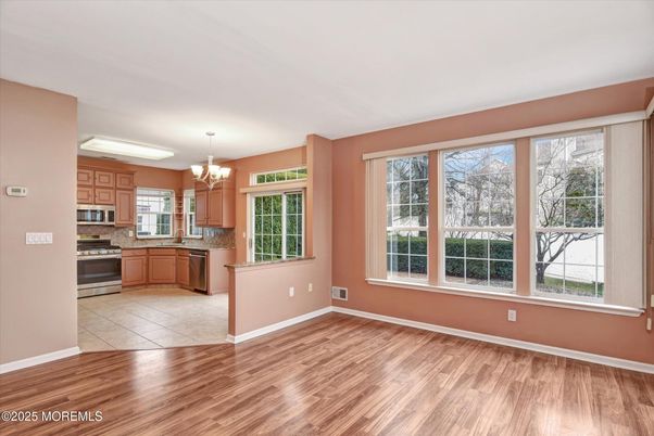 Chandelier, Interior, Kitchen, Stainless Steel Appliances, Wood Texture Flooring