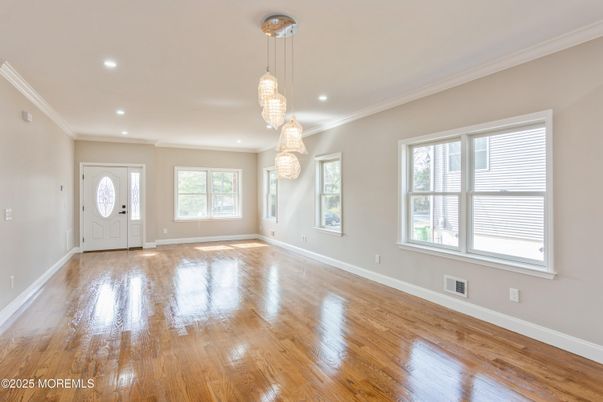 Chandelier, Empty room, Interior, Pendant Lights, Recessed Lighting, Wood Texture Flooring