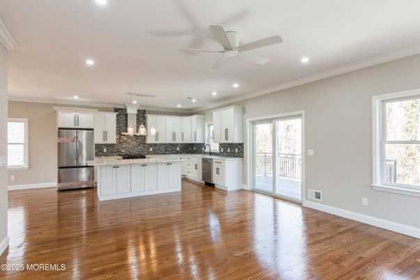 Interior, Kitchen, Pendant Lights, Recessed Lighting, Stainless Steel Appliances, Wood Texture Flooring