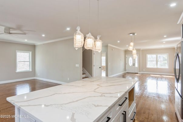 Interior, Kitchen, Pendant Lights, Recessed Lighting, Wood Texture Flooring