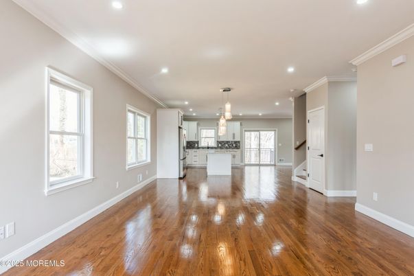 Empty room, Interior, Kitchen, Pendant Lights, Recessed Lighting, Wood Texture Flooring