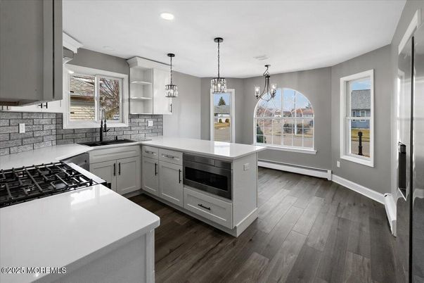 Chandelier, Interior, Kitchen, Pendant Lights, Recessed Lighting, Wood Texture Flooring