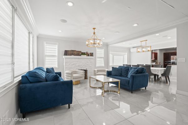 Chandelier, Dining room, Fireplace, Interior, Living room, Pendant Lights, Recessed Lighting