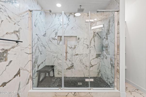 Bathroom, Glass Shower, Interior, Marble, Marble Walls, Recessed Lighting
