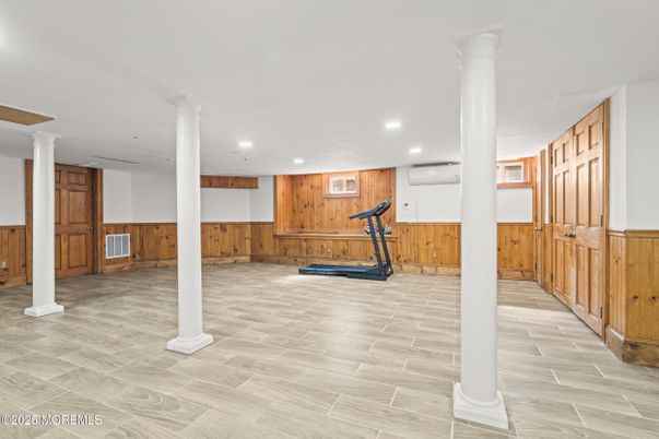 Fitness Equipment, Interior, Recessed Lighting, Wood Texture Flooring, Wooden Walls