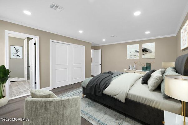 Bedroom, Interior, Recessed Lighting, Wood Texture Flooring