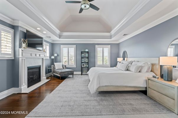 Bedroom, Fireplace, Interior, Recessed Lighting, Wood Texture Flooring