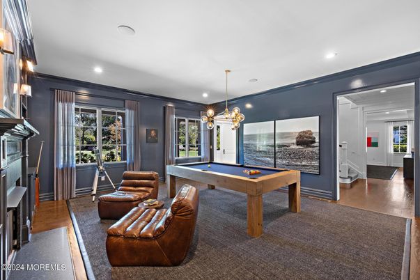 Billiard Table, Chandelier, Game Room, Interior, Recessed Lighting, Wood Texture Flooring