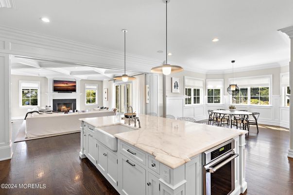 Dining room, Fireplace, Interior, Kitchen, Living room, Pendant Lights, Recessed Lighting, Wood Texture Flooring