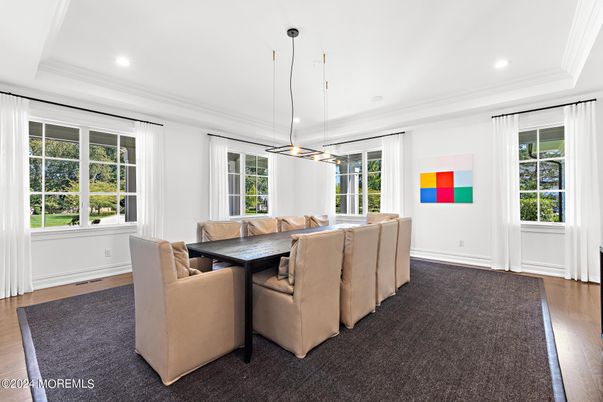 Dining room, Interior, Pendant Lights, Recessed Lighting, Wood Texture Flooring
