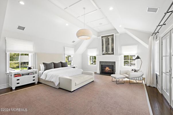 Bedroom, Fireplace, Interior, Pendant Lights, Recessed Lighting, Wood Texture Flooring
