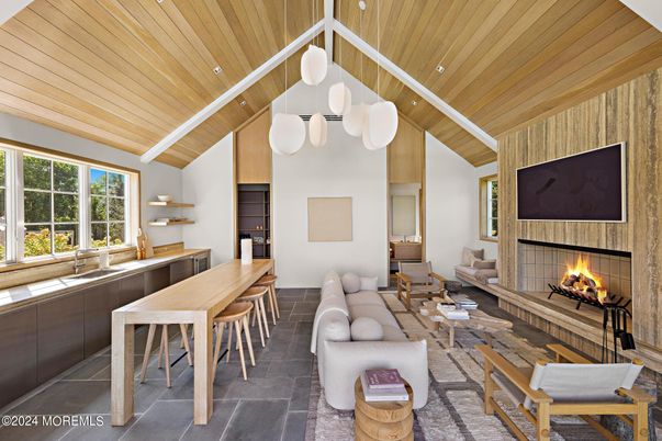 Fireplace, Interior, Living room, Pendant Lights, Wooden Ceilings