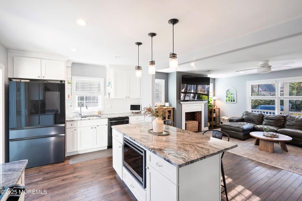 Fireplace, Interior, Kitchen, Living room, Pendant Lights, Recessed Lighting, Wood Texture Flooring