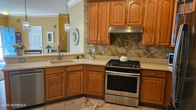 Interior, Kitchen, Marble, Pendant Lights, Stainless Steel Appliances