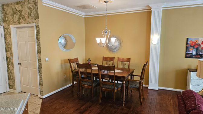 Chandelier, Dining room, Interior, Pendant Lights, Wood Texture Flooring