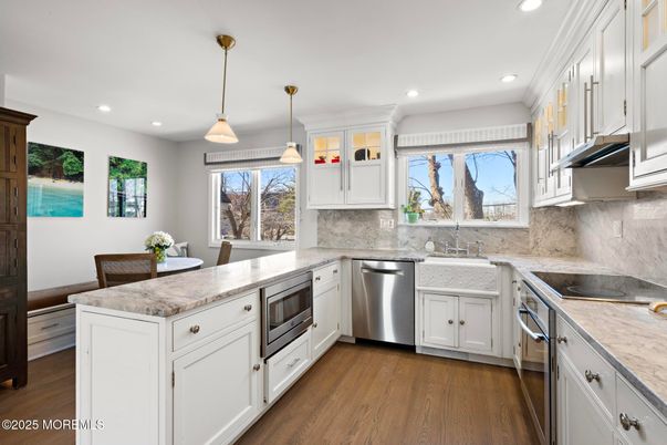 Interior, Kitchen, Pendant Lights, Recessed Lighting, Stainless Steel Appliances, Wood Texture Flooring