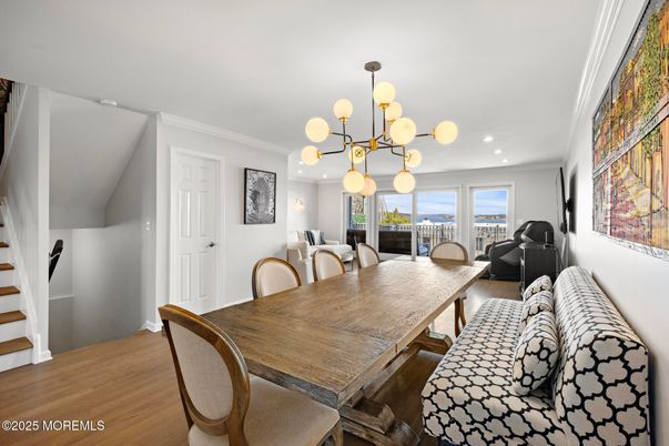 Dining room, Interior, Pendant Lights, Recessed Lighting, Wood Texture Flooring