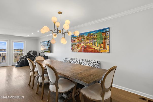 Dining room, Interior, Pendant Lights, Recessed Lighting, Wood Texture Flooring