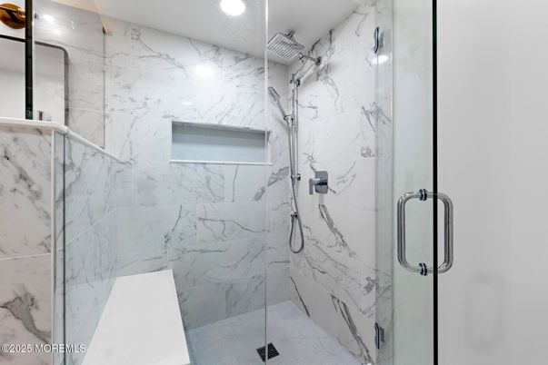 Bathroom, Glass Shower, Interior, Marble Walls, Recessed Lighting