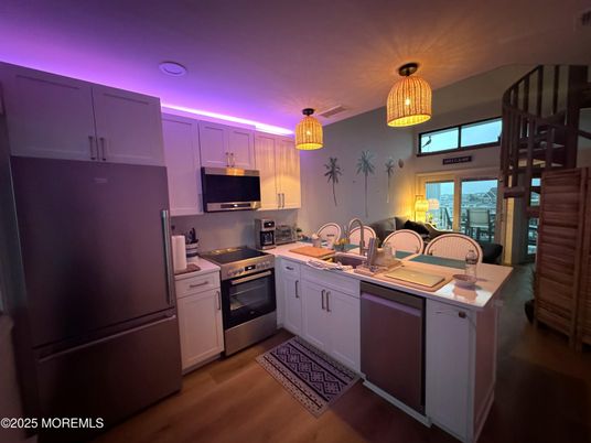 Interior, Kitchen, Pendant Lights, Stainless Steel Appliances, Wood Texture Flooring