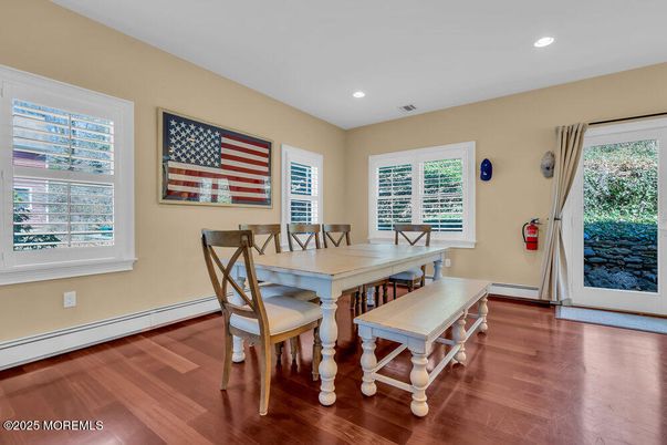 Dining room, Interior, Recessed Lighting, Wood Texture Flooring