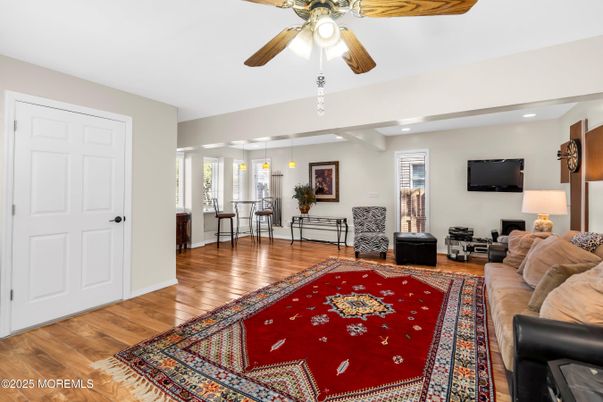 Dining room, Interior, Living room, Recessed Lighting, Wood Texture Flooring