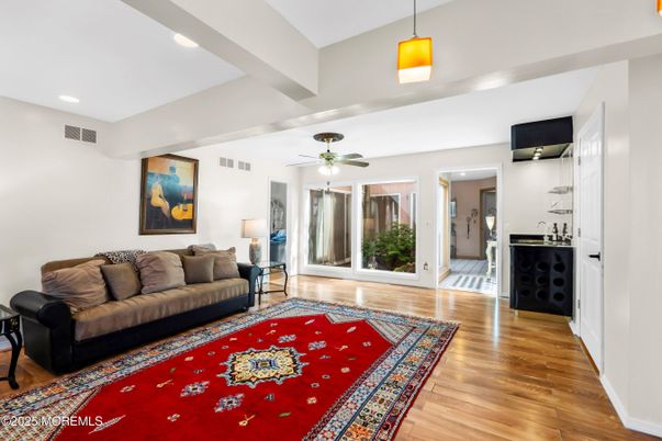 Interior, Living room, Pendant Lights, Recessed Lighting, Wood Texture Flooring