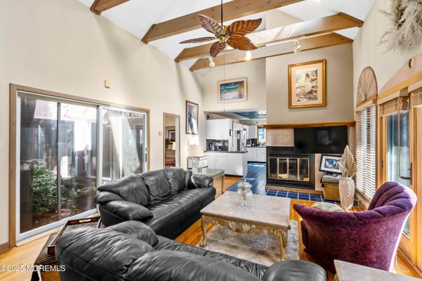 Fireplace, Interior, Living room, Recessed Lighting, Wooden Beams, Wood Texture Flooring