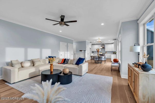 Dining room, Interior, Kitchen, Living room, Pendant Lights, Recessed Lighting, Wood Texture Flooring