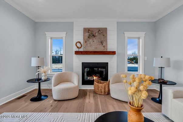 Fireplace, Interior, Recessed Lighting, Wood Texture Flooring