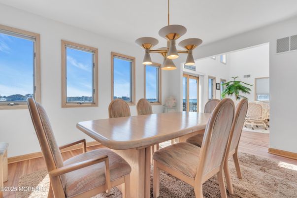 Dining room, Interior, Pendant Lights, Wood Texture Flooring