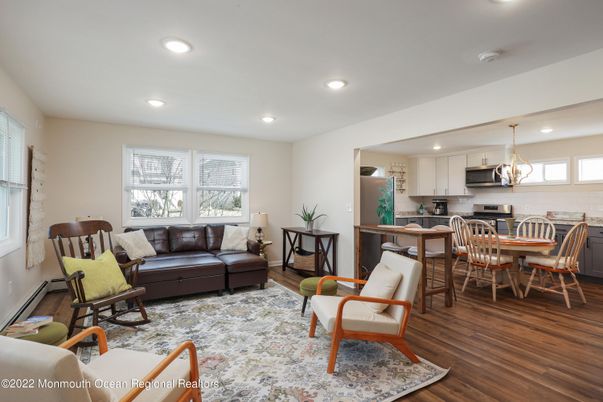 Dining room, Interior, Kitchen, Living room, Pendant Lights, Recessed Lighting, Stainless Steel Appliances, Wood Texture Flooring