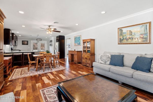 Dining room, Interior, Kitchen, Living room, Pendant Lights, Recessed Lighting, Wood Texture Flooring