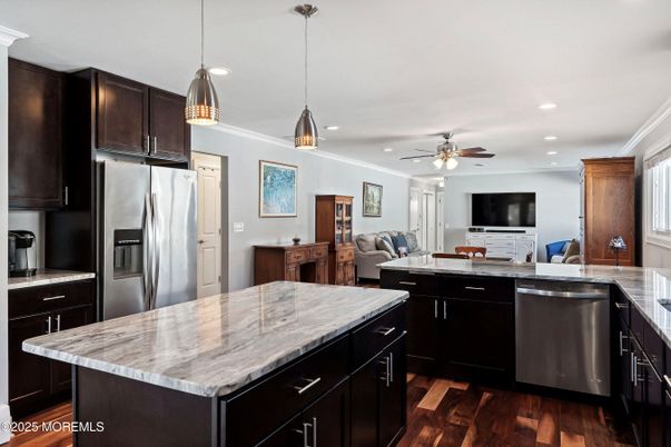 Interior, Kitchen, Pendant Lights, Recessed Lighting, Stainless Steel Appliances, Wood Texture Flooring