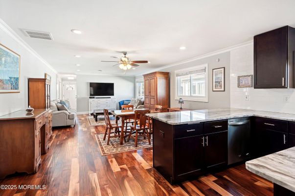 Dining room, Interior, Kitchen, Living room, Recessed Lighting, Wood Texture Flooring