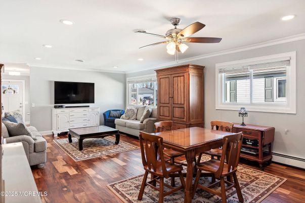 Dining room, Interior, Living room, Recessed Lighting, Wood Texture Flooring