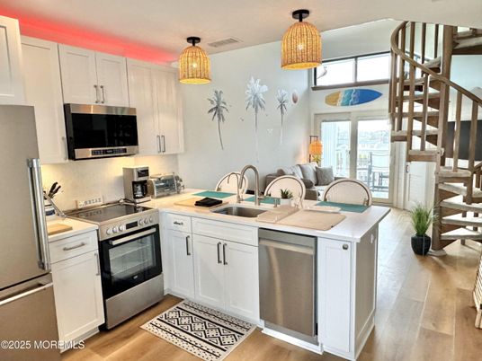 Interior, Kitchen, Pendant Lights, Stainless Steel Appliances, Wood Texture Flooring