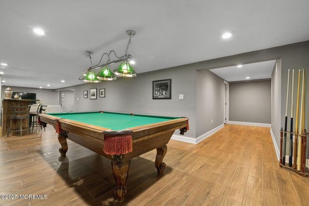 Billiard Table, Game Room, Interior, Pendant Lights, Recessed Lighting, Wood Texture Flooring