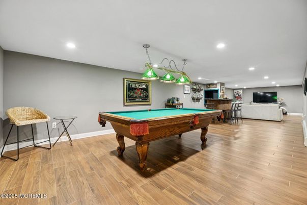 Billiard Table, Game Room, Interior, Pendant Lights, Recessed Lighting, Wood Texture Flooring