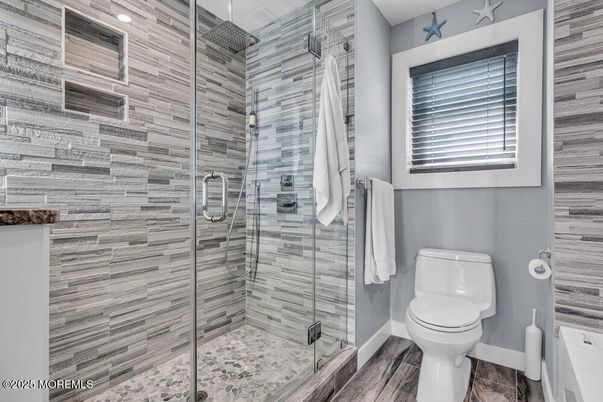 Bathroom, Glass Shower, Interior, Wood Texture Flooring