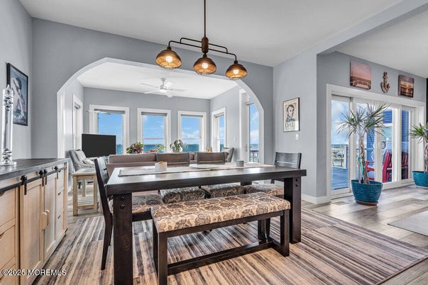 Dining room, Interior, Living room, Pendant Lights, Wood Texture Flooring