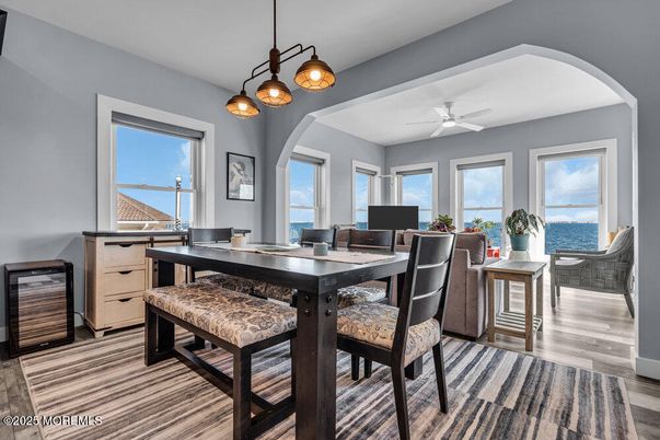 Dining room, Interior, Pendant Lights, Water, Wood Texture Flooring