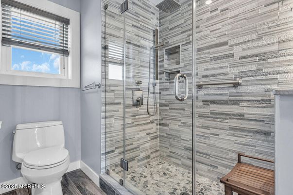 Bathroom, Glass Shower, Interior, Wood Texture Flooring
