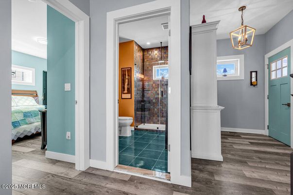 Bathroom, Bedroom, Glass Shower, Interior, Pendant Lights, Wood Texture Flooring