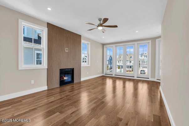 Empty room, Fireplace, Interior, Recessed Lighting, Wood Texture Flooring