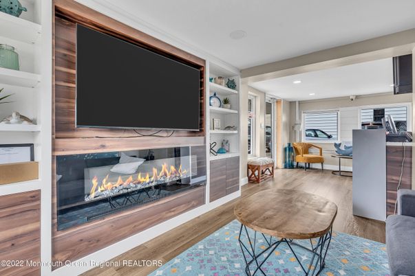 Fireplace, Interior, Recessed Lighting, Wood Texture Flooring